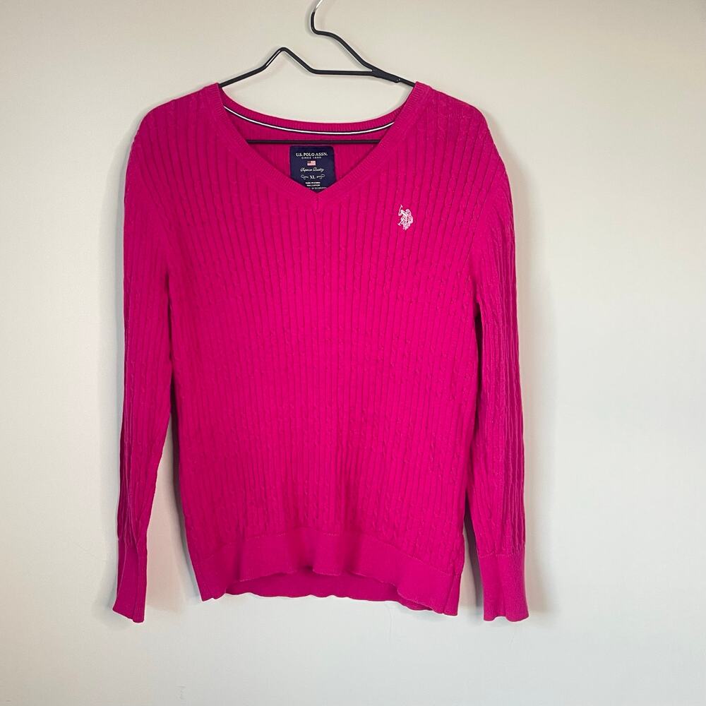 U.S. Polo Assn. XL Pink Cable Knit V-Neck Sweater Preppy-Y2K